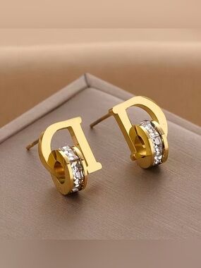 Gold-Tone D Initial Crystal Hoop Stud Earrings - Women Jewelry